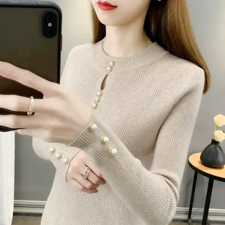 2023年秋冬新款圆领毛衣打底衫女长袖上衣套头百搭修身显瘦针织衫商品大图