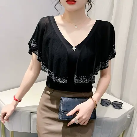 气质荷叶边上衣女短袖夏季性感V领网纱小衫洋气重工烫钻T恤半袖潮图片