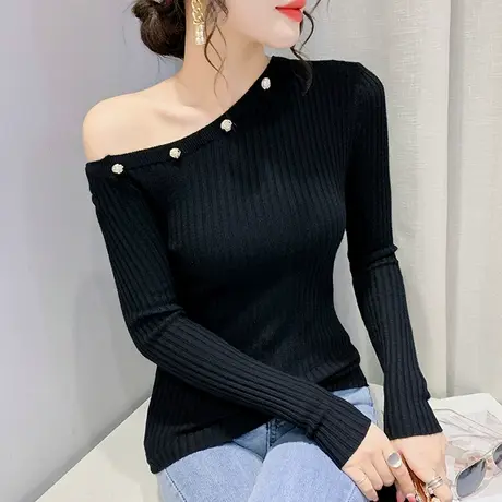 性感露肩针织衫女欧货2024新款漏锁骨洋气打底衫长袖紧身百搭上衣商品大图