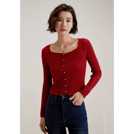 弥古复古红色方领针织衫新年红毛衣内搭女秋冬2023新款打底短上衣商品大图