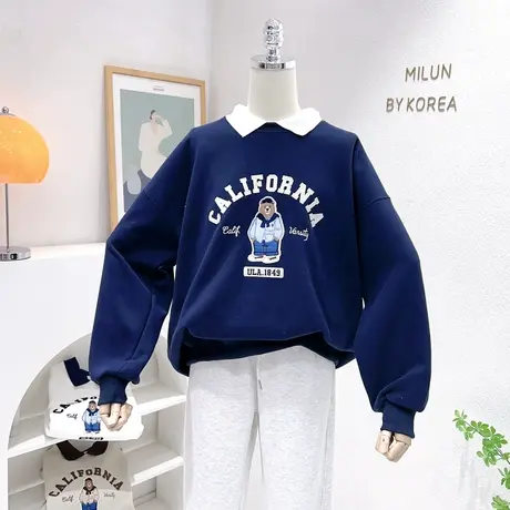 学院风字母小熊上衣2023春款韩国东大门设计感撞色Polo领卫衣宽松商品大图