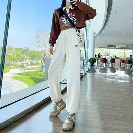 华夫格阔腿运动裤女2024年春秋新款高腰直筒宽松显瘦束脚两穿卫裤商品大图