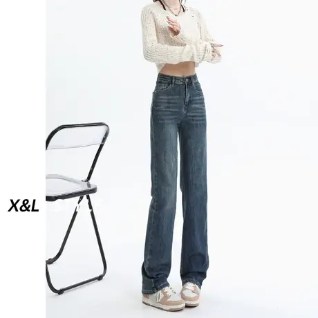 美式复古直筒加绒牛仔裤女秋冬季2023新款高腰修身爆款裤子烟管裤商品大图