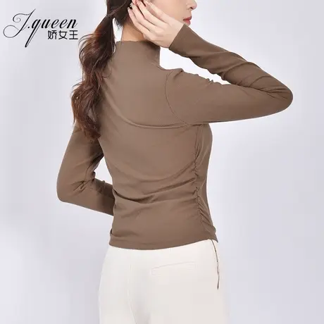 半高领针织打底衫女春季百搭修身两侧收褶显瘦内搭长袖T恤衫上衣商品大图