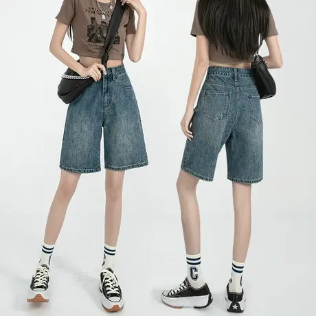 高腰直筒中裤女夏薄款2023年新款复古宽松显瘦百搭五分牛仔短裤潮商品大图