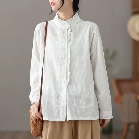dza 复古木耳边白色衬衣女士春夏新款纯棉显瘦上衣漂亮气质薄衬衫图片