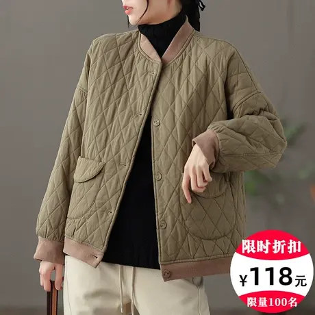 dza 复古菱格棉衣女冬季短款棒球服休闲保暖棉袄上衣宽松百搭棉服图片