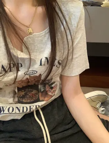 甜美可爱猫咪印花撞色露脐短袖T恤女夏季修身打底短款露脐上衣ins商品大图