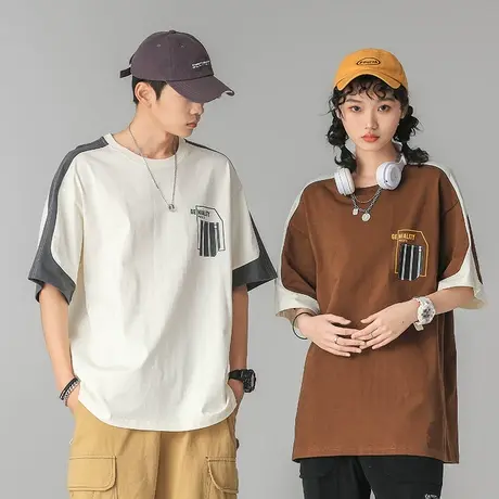 夏季撞色拼接t恤男士日系港风情侣装上衣男装圆领短袖体恤男款短t商品大图