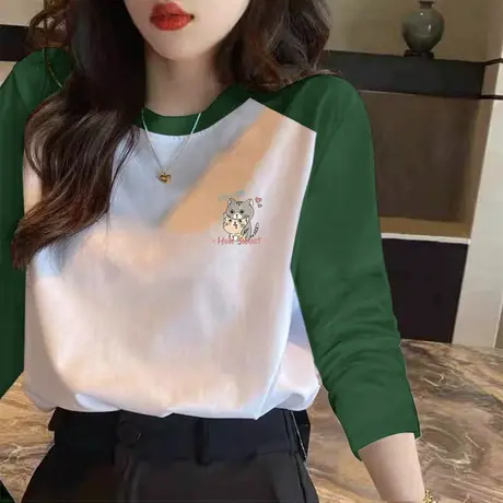 t恤女长袖纯棉卡通撞色显瘦宽松打底衫春装内搭2023早春新款上衣商品大图