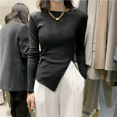 2022春季侧开叉不规则修身打底衫圆领套头外穿长袖薄款洋气上衣女商品大图