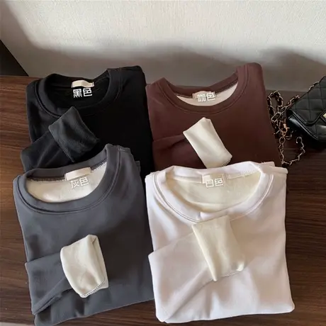 德绒发热打底衫女修身内搭圆领秋冬洋气加绒加厚磨毛叠穿保暖上衣商品大图