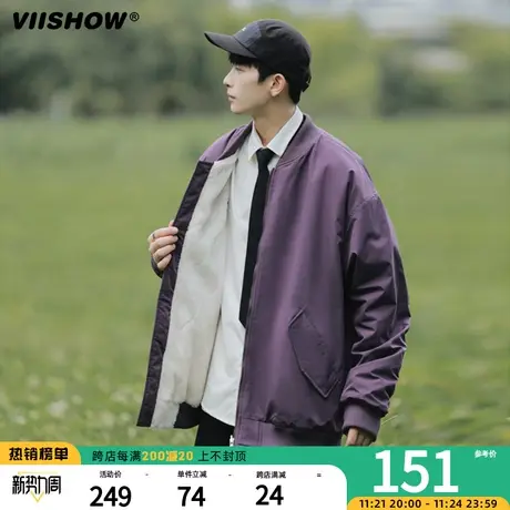 VIISHOW冬季宽松外套两面穿刺绣秋新品拼色潮牌日系复古棉衣男商品大图