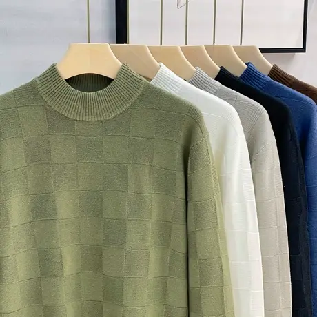 格纹提花秋冬纯色中领毛衣男士保暖半高领针织衫韩版套头打底线衣商品大图