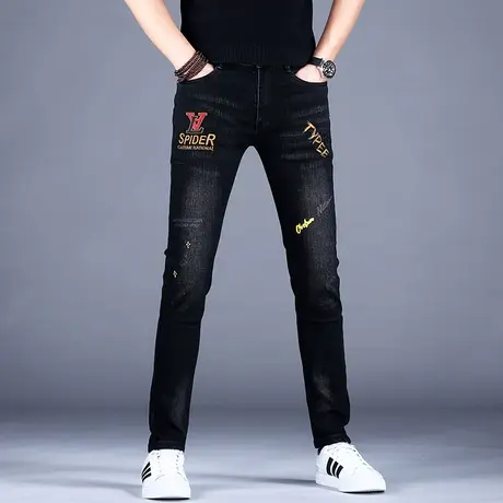 男士黑色秋冬刺绣花牛仔裤男款轻奢2023修身小脚休闲裤子弹力潮牌商品大图