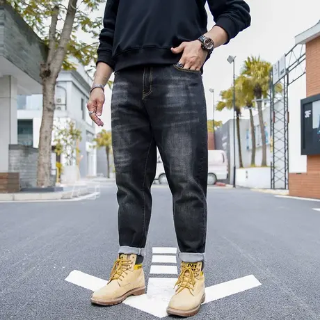 冬季黑色大码弹力宽松高腰加肥加大码肥佬胖子哈伦裤子男士牛仔裤图片