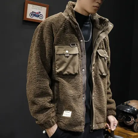 羊羔绒外套男冬季潮加厚日系2024新款男士休闲工装上衣春秋款棉衣图片