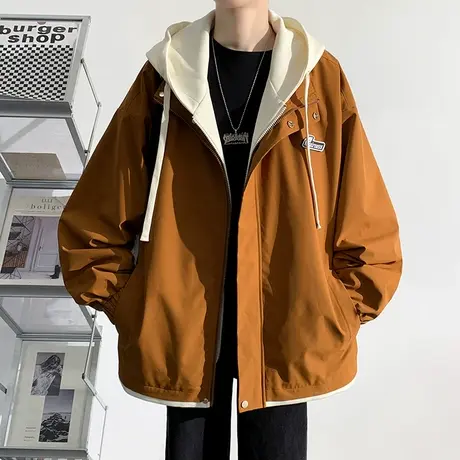 青少年假两件夹克男生户外冲锋衣春秋季连帽潮牌初高中生港风外套商品大图