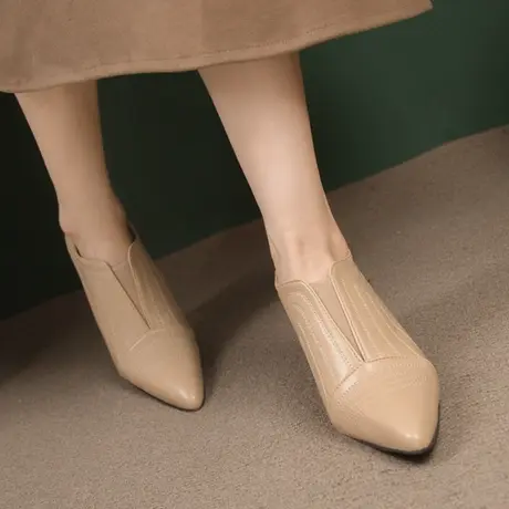 裸色法式气质设计感短靴女夏秋新款深口单鞋尖头高跟鞋细跟小踝靴图片