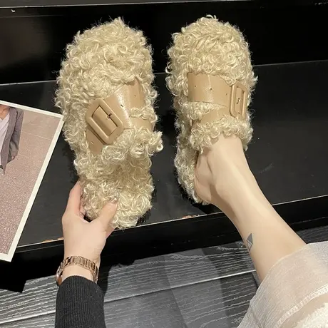 羊卷毛毛鞋女外穿厚底增高2023秋冬季新款穆勒鞋子包头半拖棉拖鞋商品大图