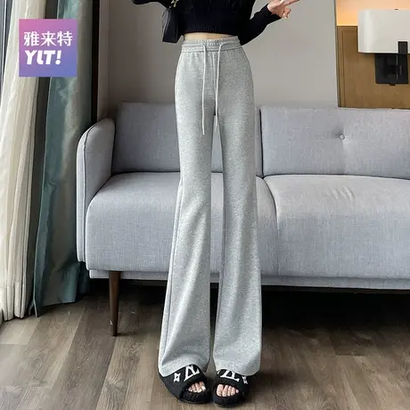 美式微喇卫裤女加厚2023秋冬季直筒加绒灰色运动阔脚休闲喇叭裤子图片
