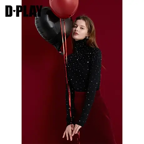DPLAY秋冬新款黑色高领内搭针织打底衫烫钻针织上衣毛衣女商品大图