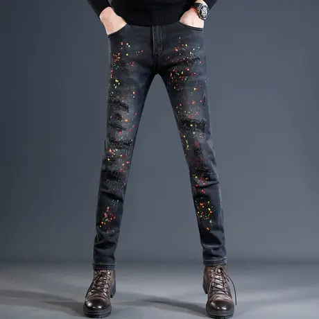 香港黑色破洞牛仔裤男秋冬款修身小脚2023新款潮牌泼墨男士裤子商品大图