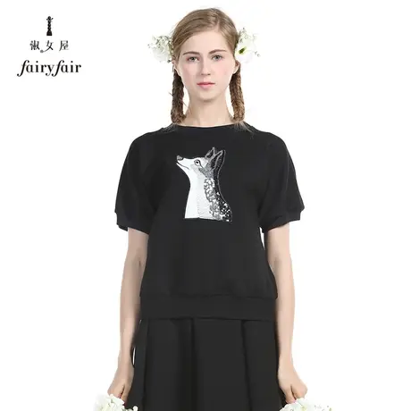 淑女屋狼亮片花园蝴蝶圆领五分袖针织T恤【狼头染色、介意勿拍】商品大图