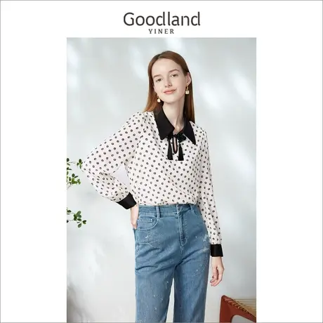 Goodland女装2023春季波点式图案撞色雪纺衫高级感图片