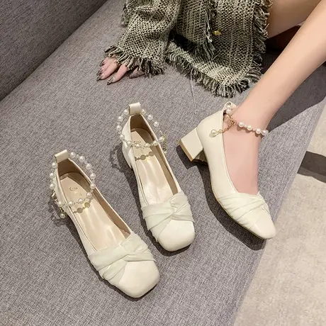 玛丽珍鞋女2024春秋季新款晚晚风方头浅口单鞋粗跟防滑珍珠穆勒鞋图片
