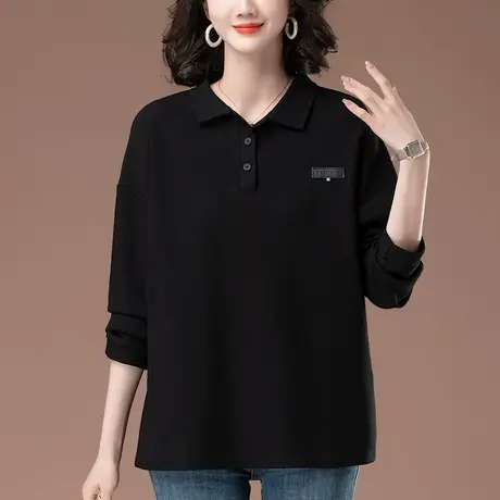长袖t恤女春季新款加肥加大码女装宽松中老年妈妈翻领显瘦打底衫商品大图