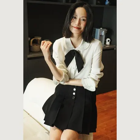 2024春季新款通勤气质简约衬衣长袖风琴翻领可拆卸蝴蝶结开衫上衣图片