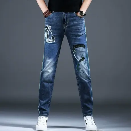 2023男士牛仔裤子经典浅蓝色修身印花精致小直筒裤棉弹男潮牌宽松商品大图