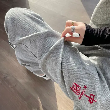 刺绣国潮休闲裤子女春秋中国民族风高腰显瘦宽松束脚运动哈伦卫裤图片