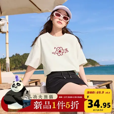 唐狮短袖t恤女2024新款夏前胸花卉图案圆领小众设计宽松纯棉T恤sz商品大图