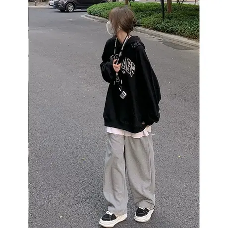 oversize落肩连帽早秋卫衣女美式ins潮春秋薄款宽松chic港风外套图片