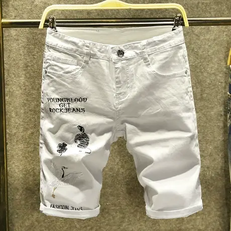 夏季白色图案刺绣牛仔短裤男潮牌宽松个性五分男士中裤绣花个性薄商品大图