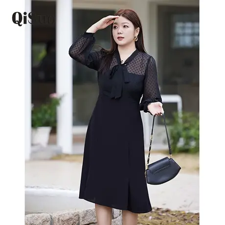 大码胖MM雪纺提花波点连衣裙春装新款收腰显瘦蝴蝶结气质鱼尾裙商品大图