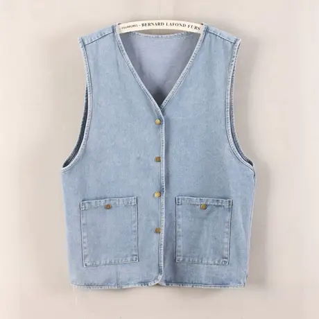 牛仔马甲女宽松2024春秋新款百搭长款显瘦V领无袖外套背心口袋浅图片