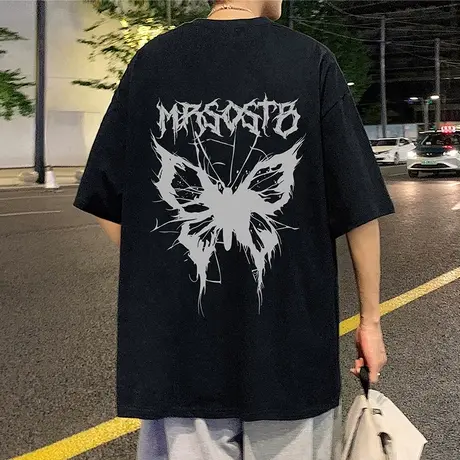 纯棉重磅美式高街蝴蝶印花短袖t恤男夏季新款宽松潮牌休闲半截袖商品大图