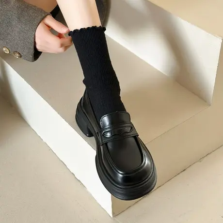 黑色粗跟单鞋女2024新款一脚蹬女鞋春秋小皮鞋女英伦风厚底乐福鞋商品大图