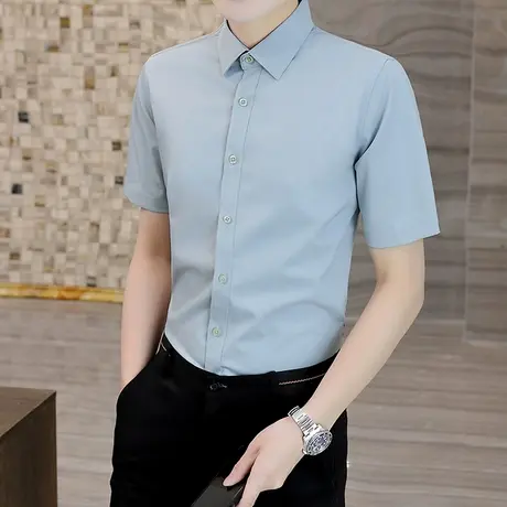 男士时尚短袖衬衫韩版夏天纯色透气休闲潮流半袖百搭男装冰丝衬衣商品大图