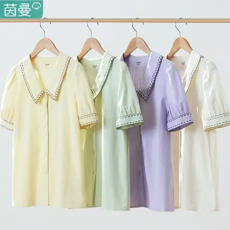 茵曼绿色纯棉短袖衬衫女士小翻领衬衣2024夏季新款法式泡泡袖上衣商品大图