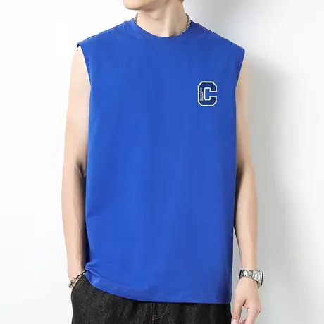 克莱因蓝重磅纯棉背心男夏季健身运动跨栏坎肩液氨长绒棉无袖t恤商品大图