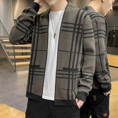 男士开衫2023年春秋季新款上衣潮宽松格子衣服针织衫外穿毛衣外套图片