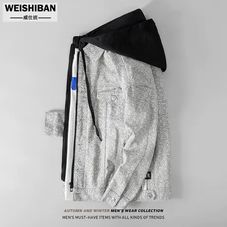 秋冬原创设计牛仔假两件外套男拼接连帽宽松夹克潮流带帽白色上衣商品大图