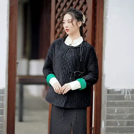 素飞新中式唐装棉衣改良汉服加棉黑色两面穿盘扣宽松短款上衣茶服图片
