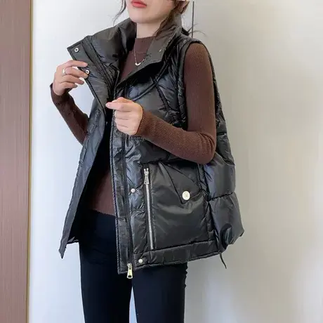 羽绒棉马甲女黑色2023秋冬新款欧货洋气马夹外穿短款宽松背心外套图片