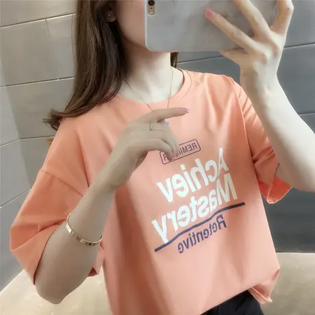 韩版2023夏季新款字母印花宽松大版时尚显瘦圆领中袖T恤上衣女潮商品大图