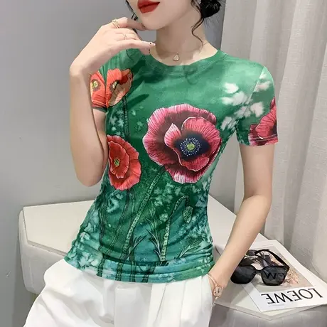欧货设计感t恤女小众洋气印花网纱打底小衫2023夏季新款修身上衣商品大图